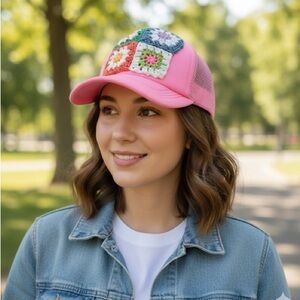 Neon Pink Crochet Patch Trucker Hat
